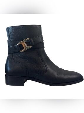 Tory Burch Gemini Link Black Pebbled Leather Ankle Booties Gold Buckle 7.5